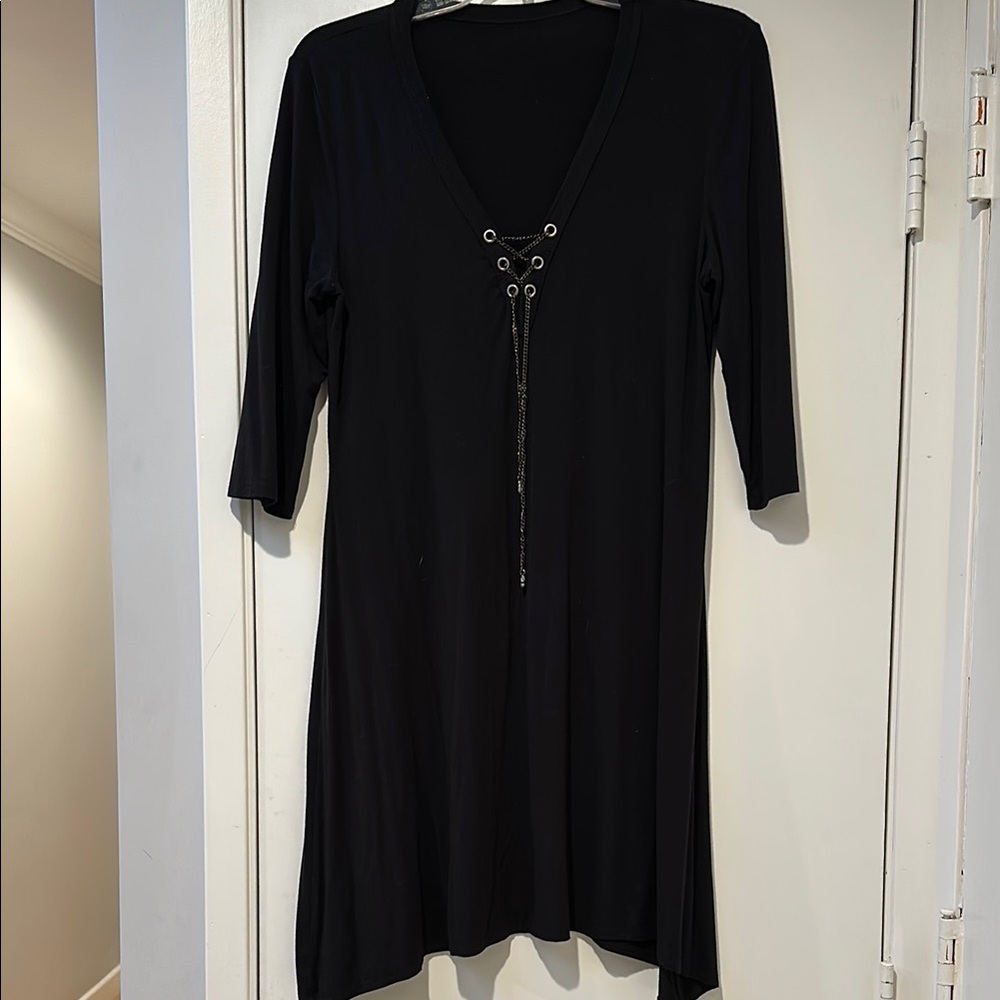 Chic Black Lace-Up V-Neck Dress